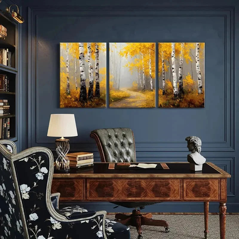 3pcs Autumn Birch Forest Pathway Warm Yellow Metal Print Ready to Hang Art - Bella Home Decor