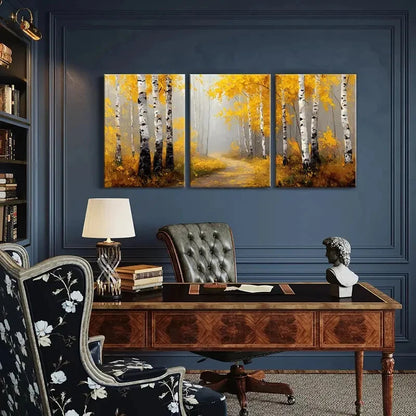 3pcs Autumn Birch Forest Pathway Warm Yellow Metal Print Ready to Hang Art - Bella Home Decor