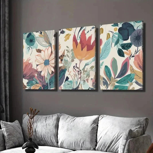 3pcs Boho Floral Vibrant Flowers & Leaves Wall Art Set Canvas Framed 50x70cm - High Quality Print 100% Australian Made Wall Canvas Ready to Hang