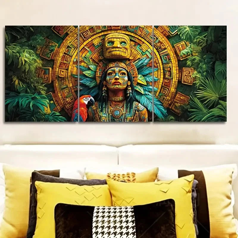 3pcs Aztec Mosaic Art Decorative Design Metal Print Ready to Hang Art - Bella Home Decor