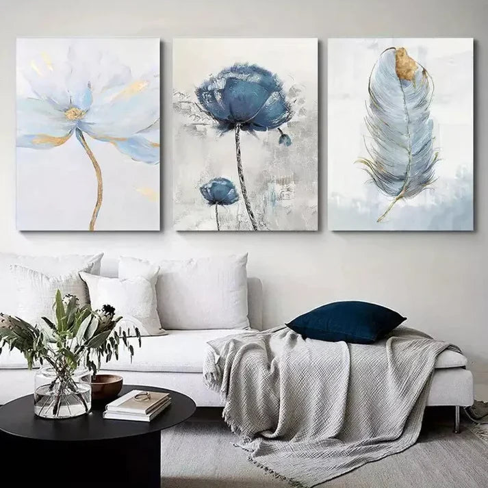 3pcs Blue Flower Wall Art Canvas Unframed - High Quality Print 100% Australian Made Wall Canvas - Bella Home Decor