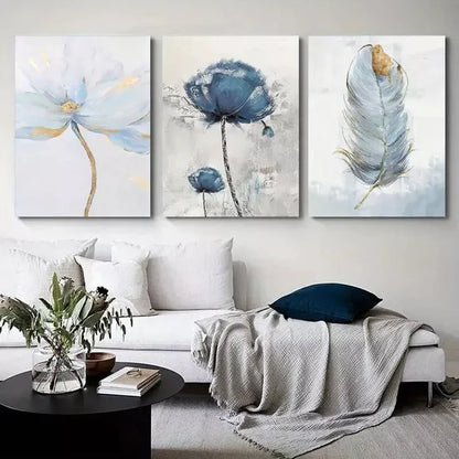 3pcs Blue Flower Wall Art Canvas Unframed - High Quality Print 100% Australian Made Wall Canvas - Bella Home Decor