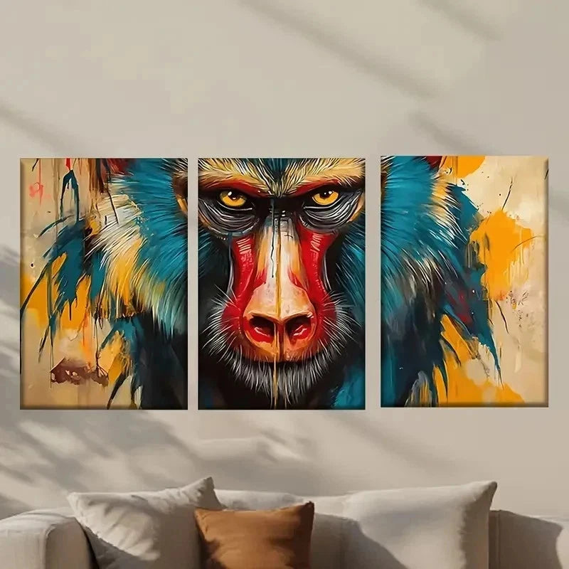 3pcs Monkey with a Red Nose and Blue Eyes Wall Art Set Canvas Framed 50x70cm - High Quality Print 100% Australian Made Wall Canvas Ready to Hang