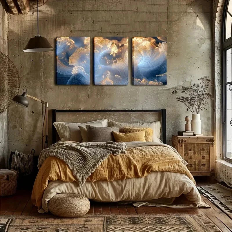 3pcs Triptych with Golden & Blue Swirls Perfect Wall Art Set Canvas Framed 50x70cm - High Quality Print 100% Australian Made Wall Canvas Ready to Hang - Bella Home Decor