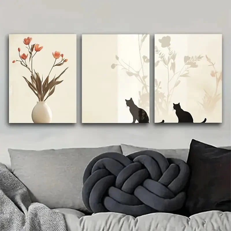 3pcs Charming Cat and Floral Wall Decor Metal Print Ready to Hang Art - Bella Home Decor
