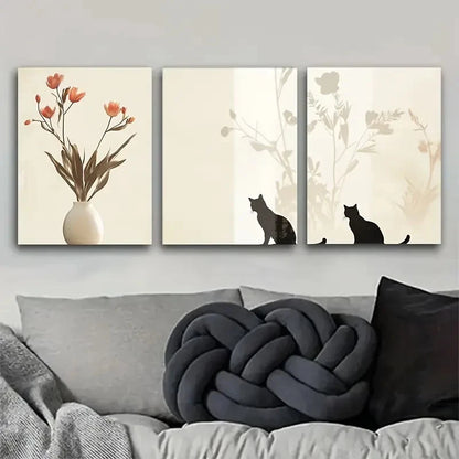 3pcs Charming Cat and Floral Wall Decor Metal Print Ready to Hang Art - Bella Home Decor