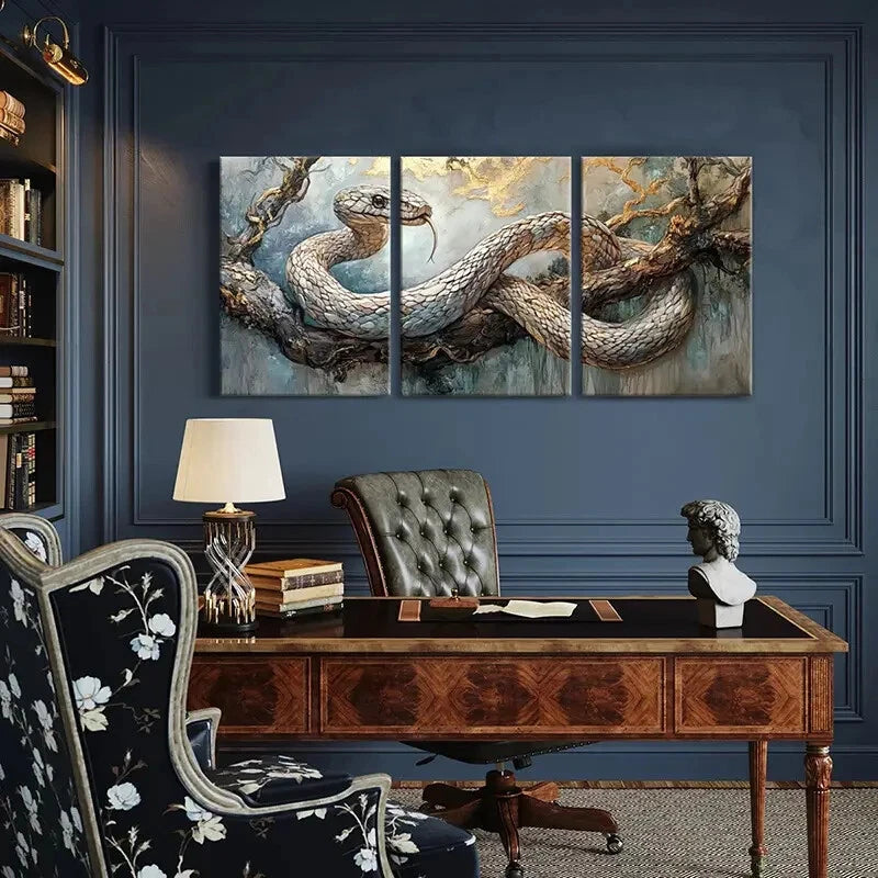3pcs Realistic Reptile Print with Golden Accents Metal Print Ready to Hang Art - Bella Home Decor