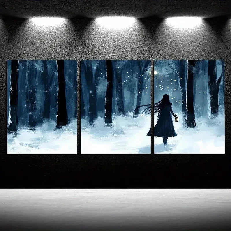 3pcs The Girl in the Forest Night Illustration Metal Print Ready to Hang Art - Bella Home Decor