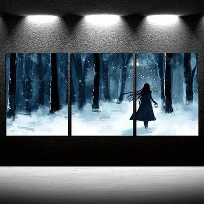 3pcs The Girl in the Forest Night Illustration Metal Print Ready to Hang Art - Bella Home Decor