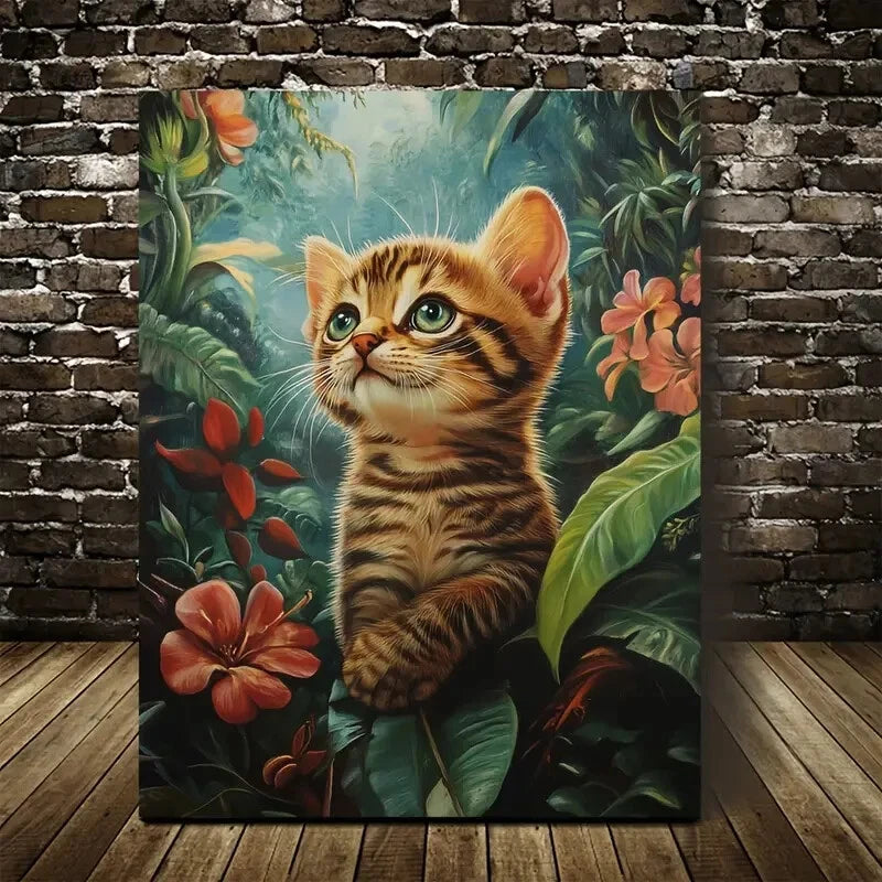 Beautiful Cute Bengal Kitten with Vibrant Flowers 40x60cm Metal Print Ready to Hang - Bella Home Decor