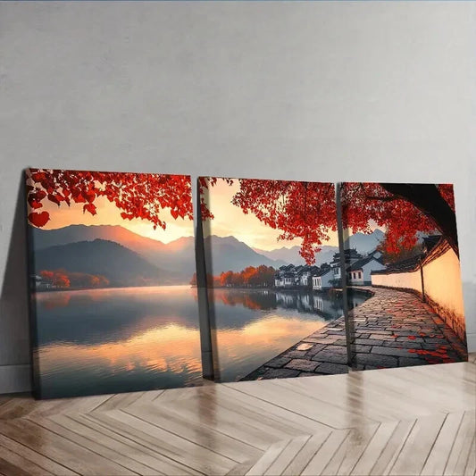 3pcs Jiangnan, ancient town With Trees Wall Art Set Canvas Framed 50x70cm - High Quality Print 100% Australian Made Wall Canvas Ready to Hang