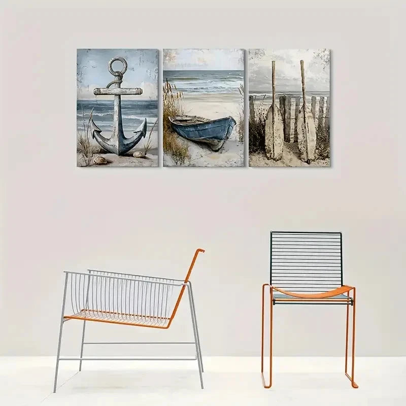 3pcs Beach Scene Nautical Anchor Boat and Oars Wall Art Set Canvas Framed 40x60cm - High Quality Print 100% Australian Made Wall Canvas Ready to Hang - Bella Home Decor