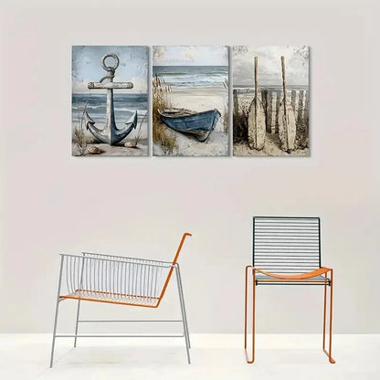 3pcs Beach Scene Nautical Anchor Boat and Oars Wall Art Set Canvas Framed 40x60cm - High Quality Print 100% Australian Made Wall Canvas Ready to Hang - Bella Home Decor