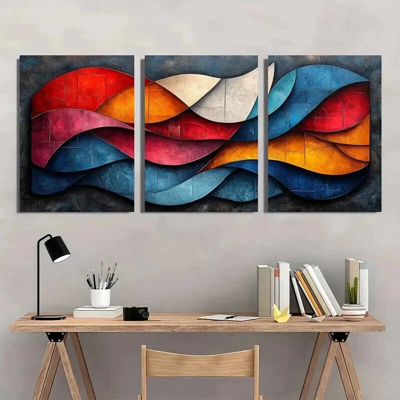 3pcs Vibrant Mixed Colors Cubist Painting Wall Art Set Canvas Framed 50x70cm - High Quality Print 100% Australian Made Wall Canvas Ready to Hang - Bella Home Decor