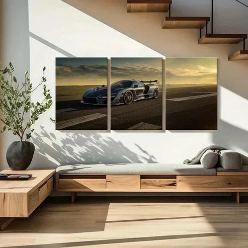 3pcs Sleek Gray Sports Car at Sunset Wall Art Set Canvas Unframed - High Quality Print 100% Australian Made Wall Canvas