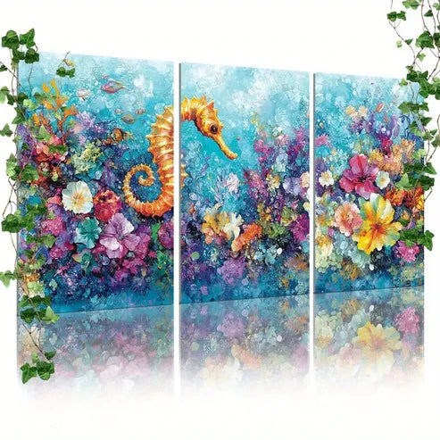 3pcs Seahorse in Ocean Triptych Art Set Canvas Unframed - High Quality Print 100% Australian Made Wall Canvas