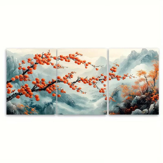 3pcs Persimmon Branch Ink Painting Traditional Metal Print Ready to Hang Art