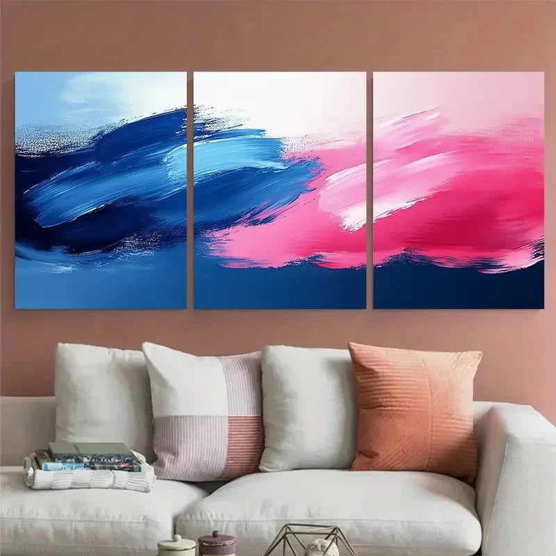3pcs Abstract Blue Pink Brushstroke Design Metal Print Ready to Hang Art - Bella Home Decor