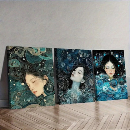 3pcs Sea Goddess Art Deco Blue Background Wall Art Canvas Unframed - High Quality Print 100% Australian Made Wall Canvas