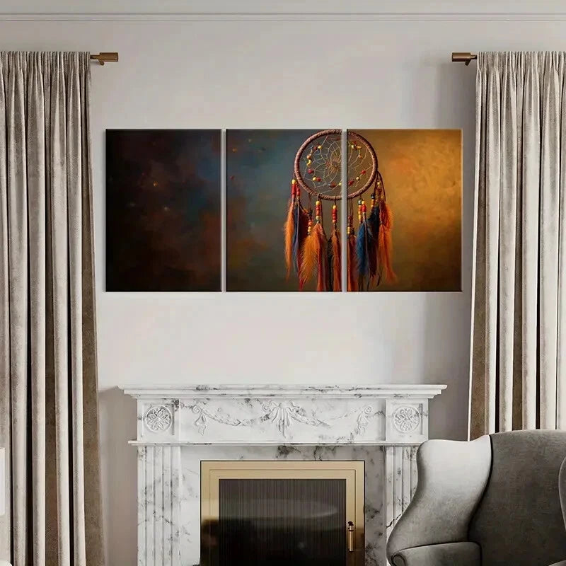 3pcs Ethnic Feathers Colorful Beads Dreamcatcher Metal Print Ready to Hang Art - Bella Home Decor