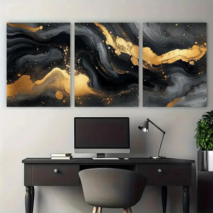 3pcs Elegant Fluid Ink Marbling Black and Golden Wall Art Set Canvas Framed 40x60cm - High Quality Print 100% Australian Made Wall Canvas Ready to Hang