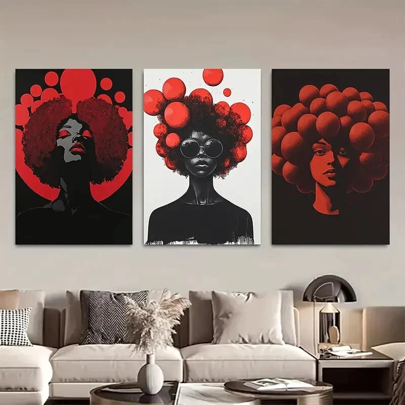 3pcs African Women Red and Black Abstract Metal Print Ready to Hang Art - Bella Home Decor