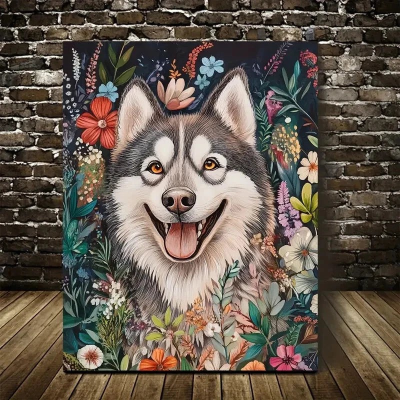 Flowers And Plants Cute Alaskan Malamute Dog Painting 40x60cm Metal Print Ready to Hang - Bella Home Decor