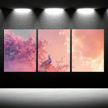 3pcs Render of Peacock on The Tree Design Metal Print Ready to Hang Art