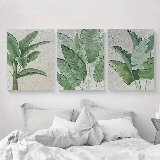 3pcs Green Minimalist Textured Leaves Metal Print Ready to Hang Art