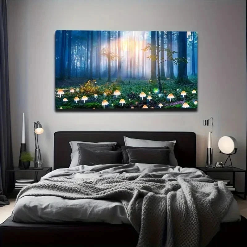 Mushrooms Forest Light Artwork Wall Art Canvas Office Home Room Framed 120x60cm