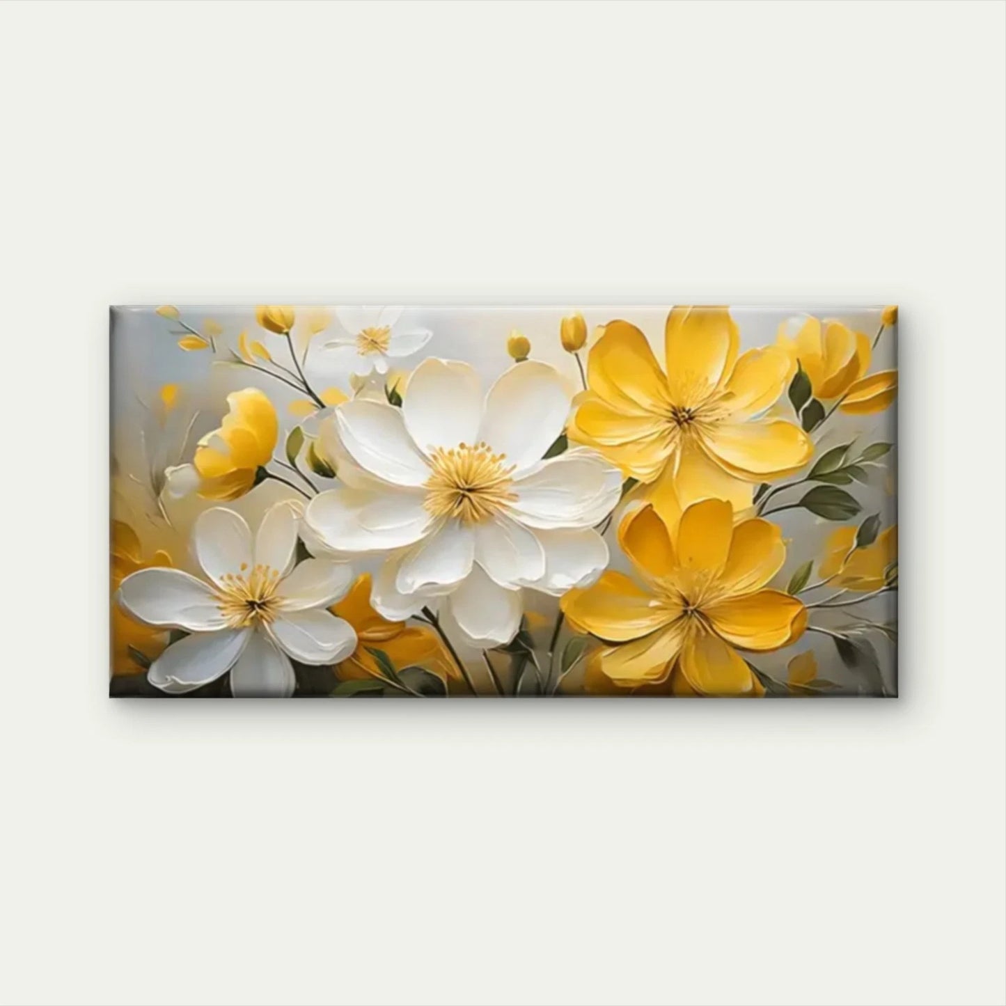 Vibrant Yellow & White Floral Wall Art Canvas Office Home Room Framed 120x60cm