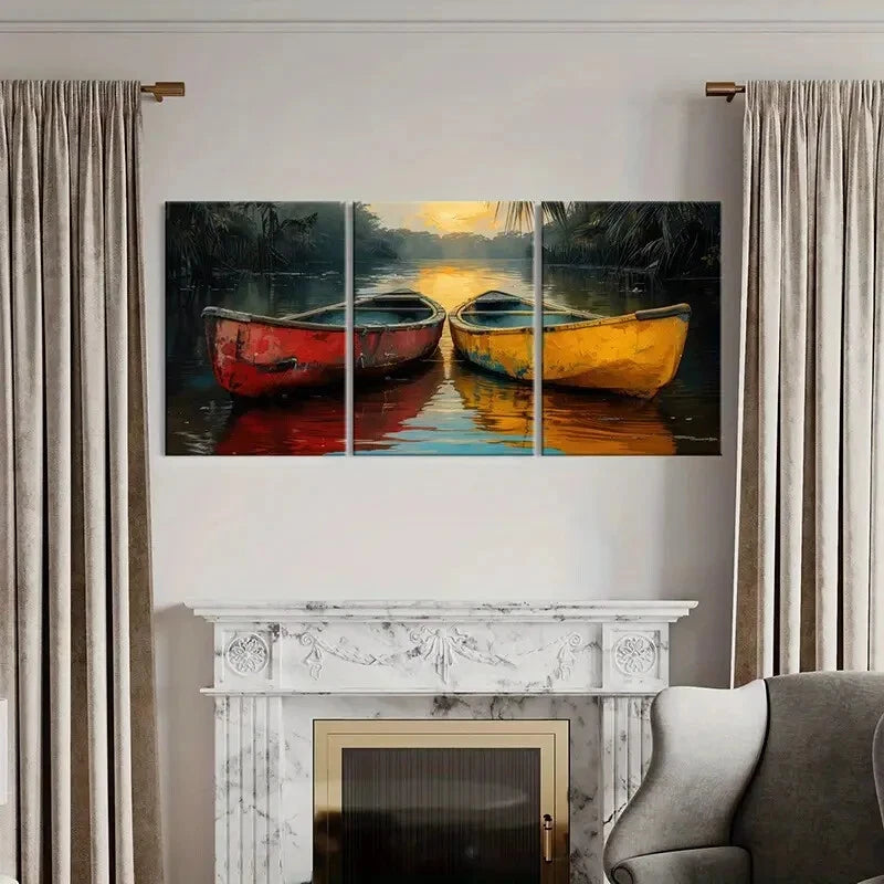 3pcs Artistic Canoe Sunset Reflections Water Scene Metal Print Ready to Hang Art - Bella Home Decor