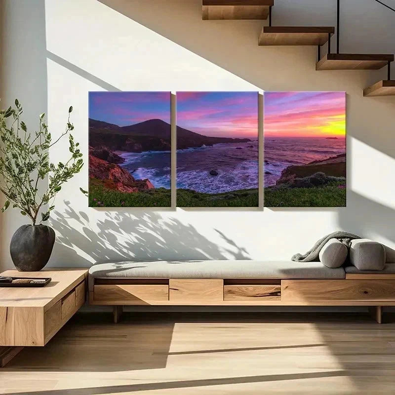 3pcs Mountain Seaside Sea Sunset Modern  Wall Art Set Canvas Framed 50x70cm - High Quality Print 100% Australian Made Wall Canvas Ready to Hang