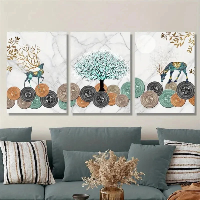 3pcs Deer and Ginkgo Leaf Tree Metal Print Ready to Hang Art - Bella Home Decor