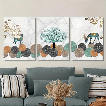 3pcs Deer and Ginkgo Leaf Tree Metal Print Ready to Hang Art - Bella Home Decor