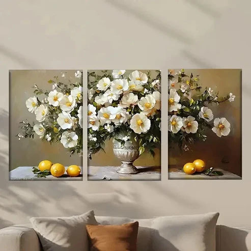 3pcs Vase of Flowers And Lemons Paintinge Wall Art Set Canvas Unframed - High Quality Print 100% Australian Made Wall Canvas