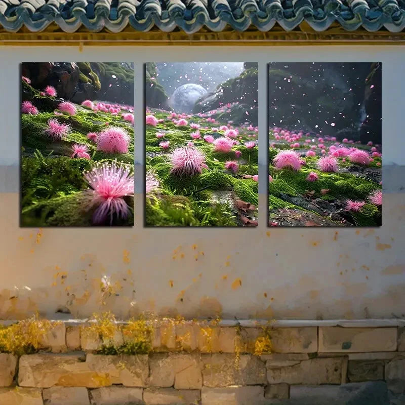 3pcs Vibrant Pink Florals with Moon View Metal Print Ready to Hang Art