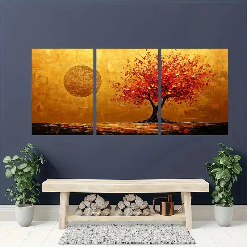 3pcs Abstract Golden Tree Minimalist Metal Print Ready to Hang Art - Bella Home Decor