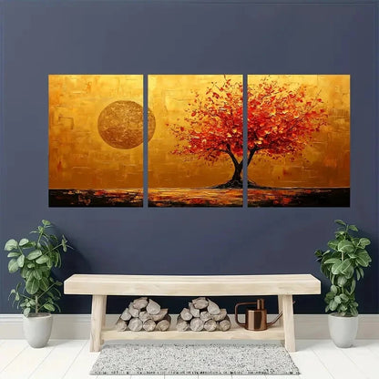 3pcs Abstract Golden Tree Minimalist Metal Print Ready to Hang Art - Bella Home Decor