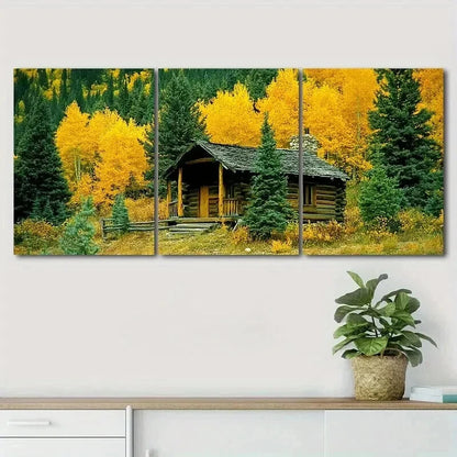3pcs Autumn Wooden House Forest Nature Perfect Wall Art Set Canvas Framed 50x70cm - High Quality Print 100% Australian Made Wall Canvas Ready to Hang