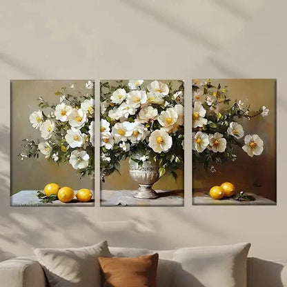 3pcs Vase of Flowers And Lemons Painting Wall Art Set Canvas Framed 50x70cm - High Quality Print 100% Australian Made Wall Canvas Ready to Hang