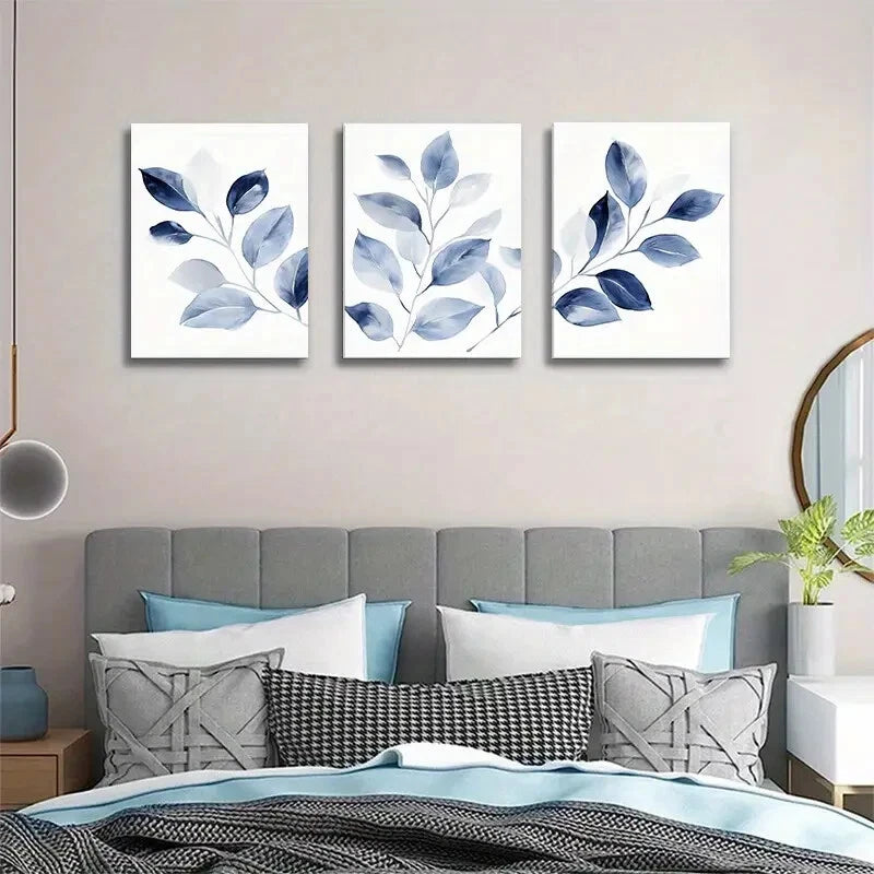 3pcs Blue Leaf Botanical Modern Nature Metal Print Ready to Hang Art - Bella Home Decor