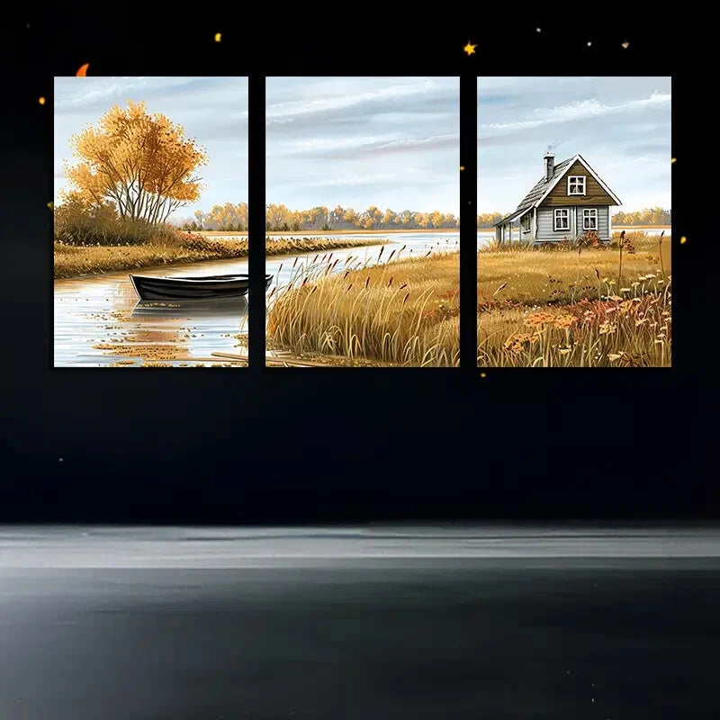 3pcs The Small Boat By The Farmhouse Illustration Metal Print Ready to Hang Art - Bella Home Decor