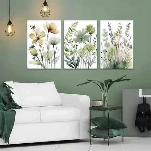3pcs Green Boho Floral Wall Art Set Canvas Unframed - High Quality Print 100% Australian Made Wall Canvas