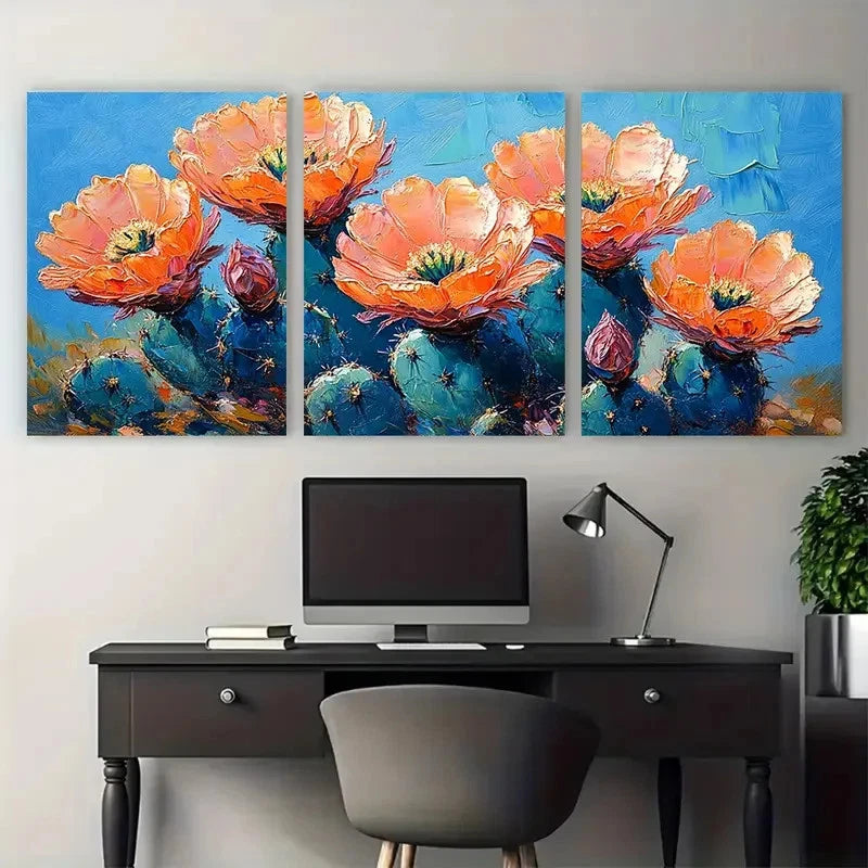 3pcs Cactus Flowers Impasto Illustration Metal Print Ready to Hang Art - Bella Home Decor