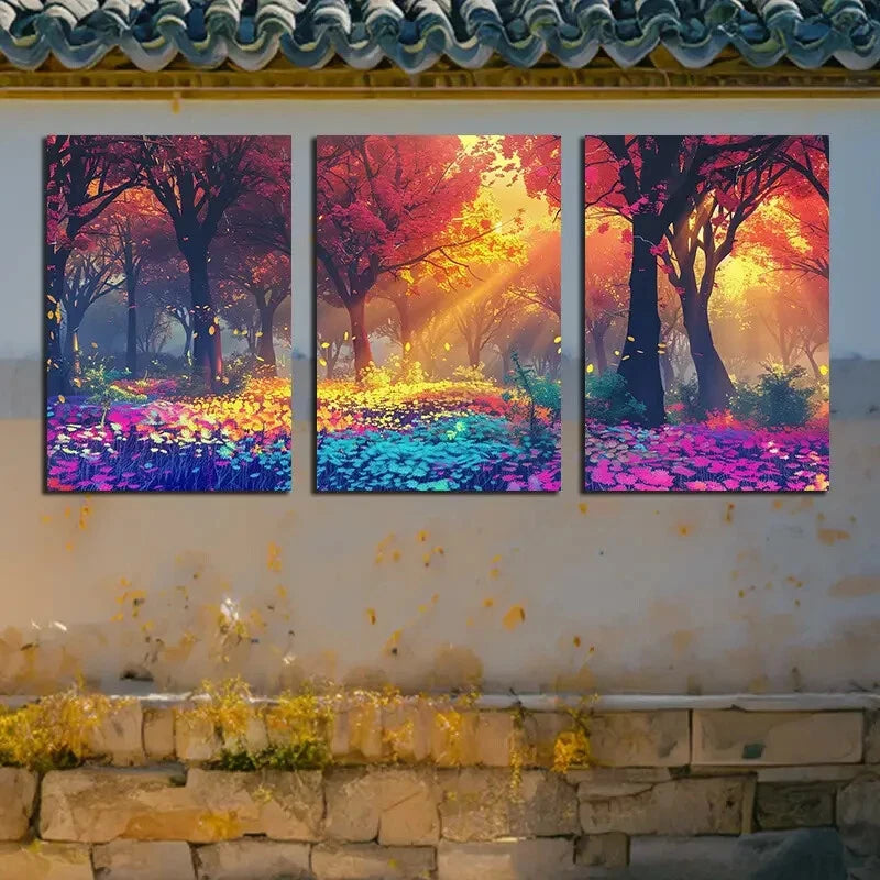 3pcs Vibrant Enchanted Forest Sunlight Scenery Metal Print Ready to Hang Art - Bella Home Decor