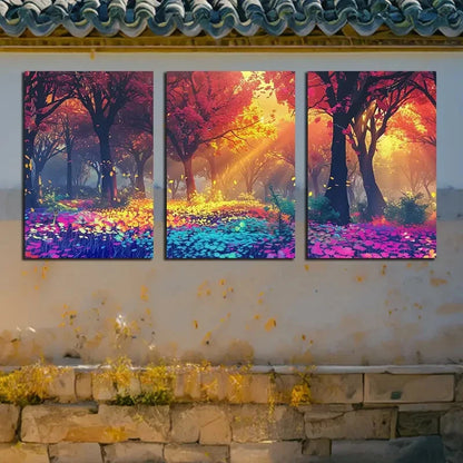 3pcs Vibrant Enchanted Forest Sunlight Scenery Metal Print Ready to Hang Art - Bella Home Decor