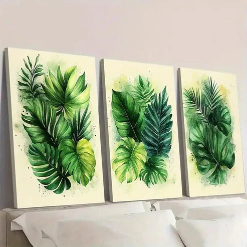 3pcs Green Tropical Leaves  Wall Art Set Canvas Unframed - High Quality Print 100% Australian Made Wall Canvas - Bella Home Decor