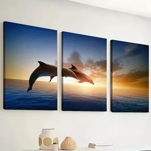 3pcs Featuring Ocean Scenery, Jumping Dolphins Wall Art Canvas Unframed - High Quality Print 100% Australian Made Wall Canvas