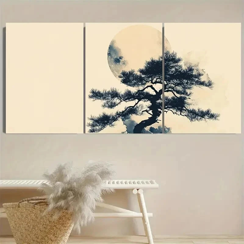 3pcs Moon Over Tree Japanese Geometric Metal Print Ready to Hang Art - Bella Home Decor